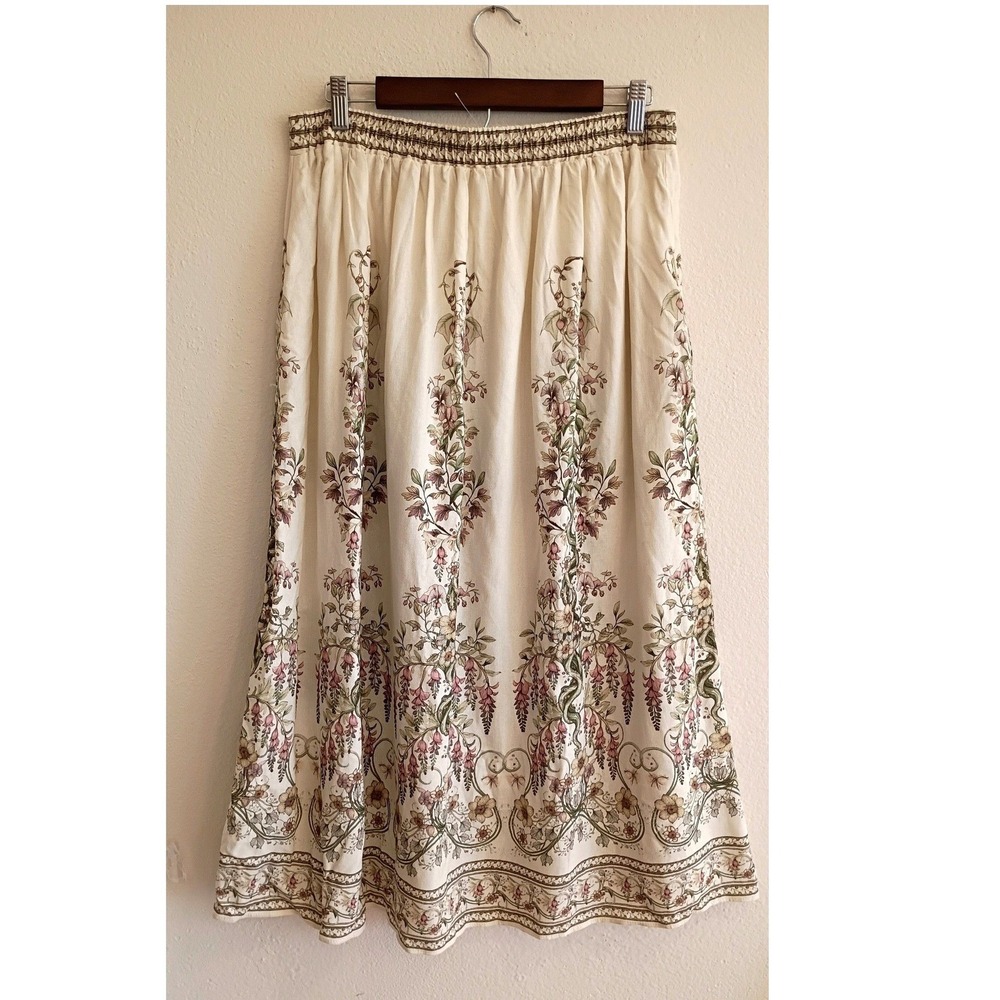 Max Studio London Floral Linen Blend Midi Skirt Cream Green Pink L Cottagecore - Picture 3 of 9